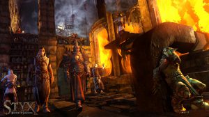 Styx le gobelin se cache alors que deux personnages avancent dans sa direction